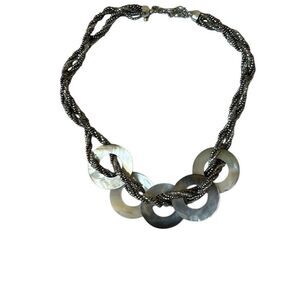 Abalone Shell Disk Braided Silver and Clear Beaded  Adjustable Length Necklace Y